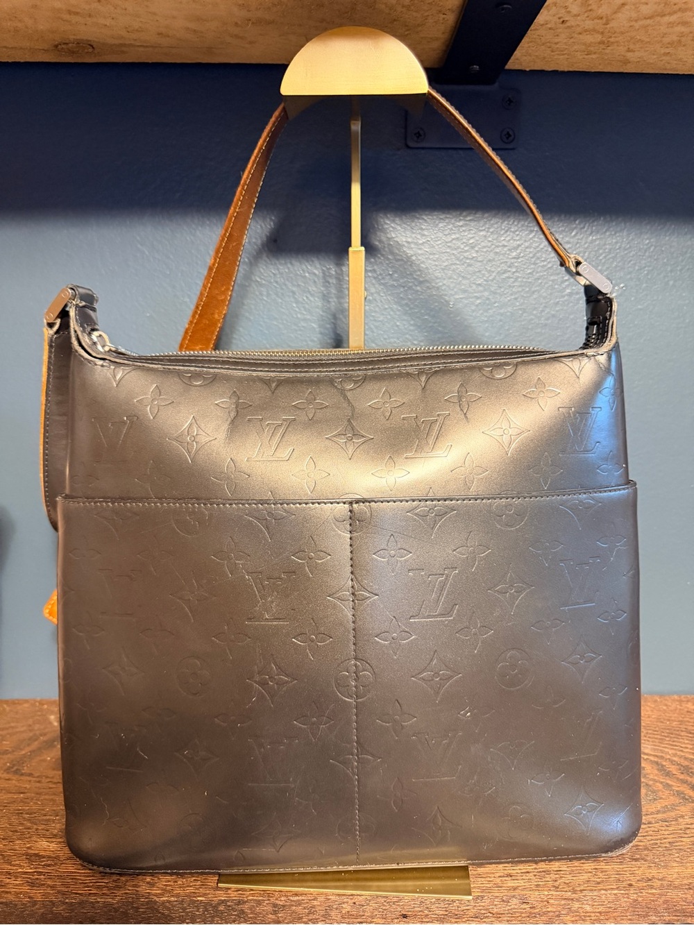Louis Vuitton Sutter Monogram Embossed Shoulder Bag in Black w Brown Strap